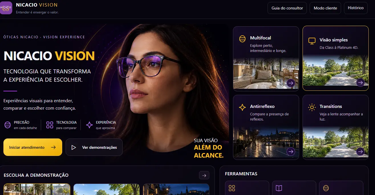 Tela real do Nicacio Vision com demonstrações de multifocais, visão simples, antirreflexo e Transitions